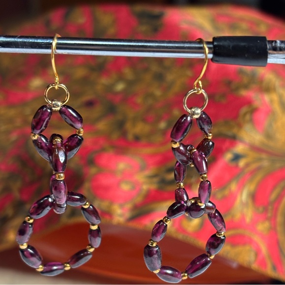 Elegant Hand Crafted Genuine Garnet Rice Beaded Earrings 3 inches - Picture 4 of 4